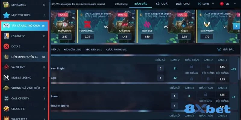 Sàn cược Esport 8Xbet có rất nhiều dạng kèo chơi hấp dẫn.